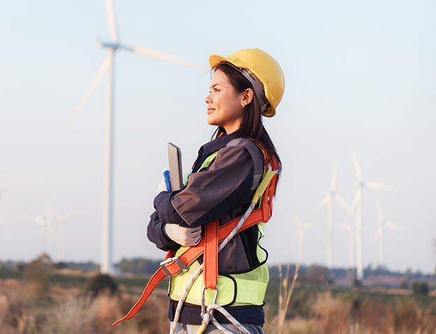 female engineer wearing safety gear holding laptop at wind turbine farm